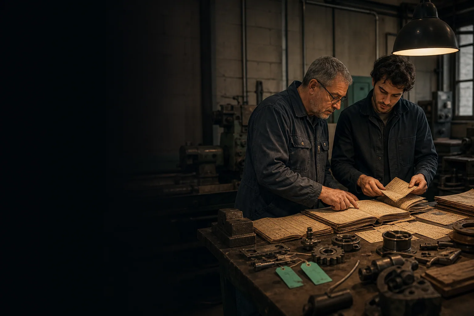 Deux professionnels inventorient de vieux manuels et des pièces avant de remplacer un système ancien