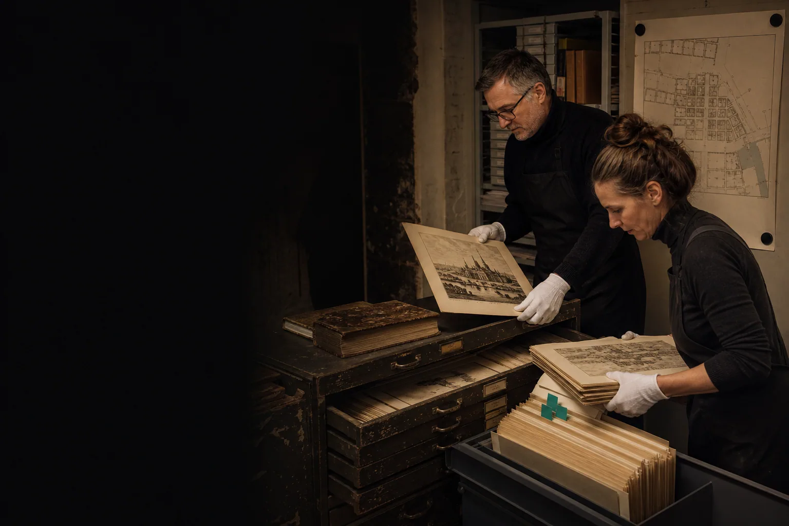 Twee archivarissen verplaatsen waardevolle drukplaten en dossiers naar een nieuw archiefsysteem