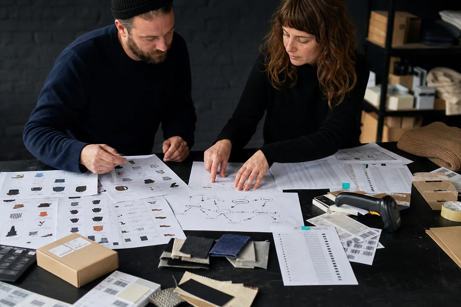 Deux spécialistes comparent des fiches produit, des variantes, des étiquettes et un plan de lancement pour une boutique en ligne