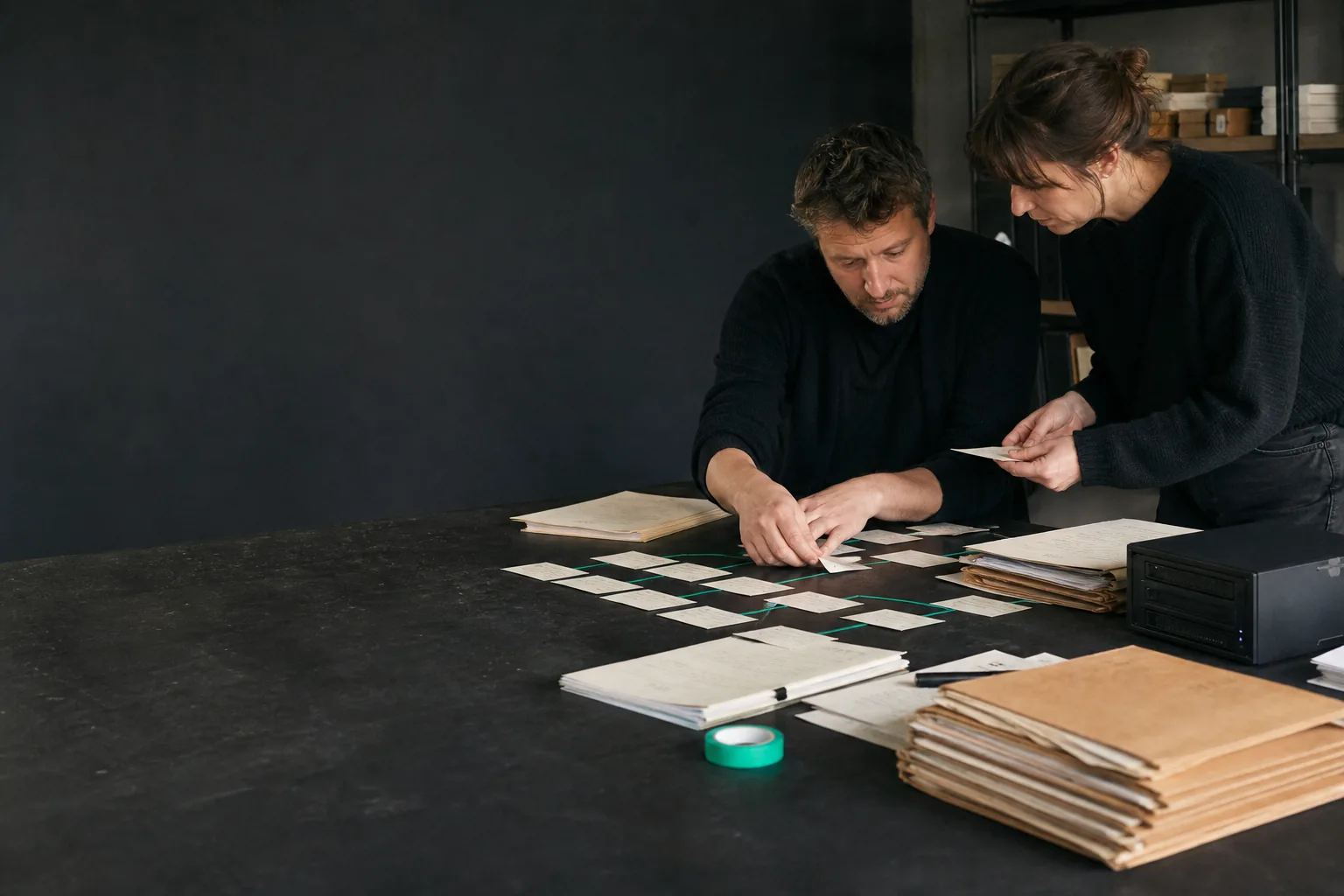 Two specialists arranging page inventories and a redirect map before a website migration