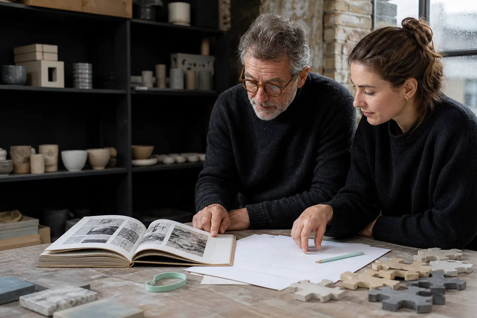 Two specialists sort a catalogue and modular pieces before redesigning a WordPress website