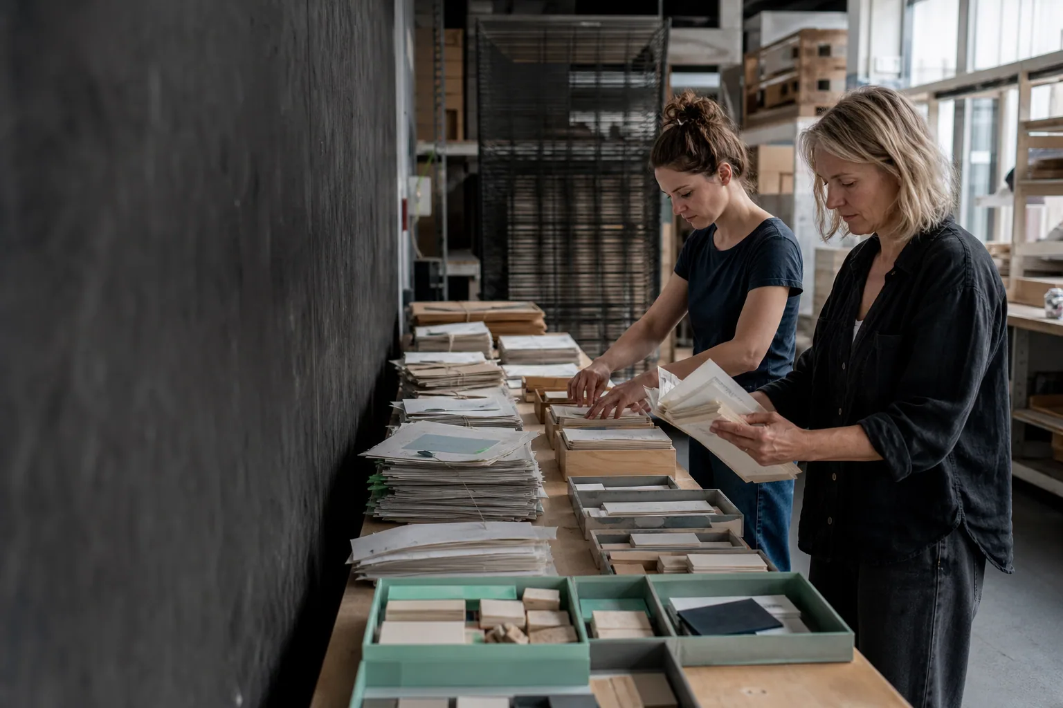 Twee specialisten sorteren drukwerk en modulaire onderdelen voor de vernieuwing van een WordPress-website