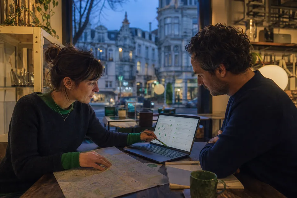 A shop owner and consultant working on a business tool around a map and laptop in a Belgian shop