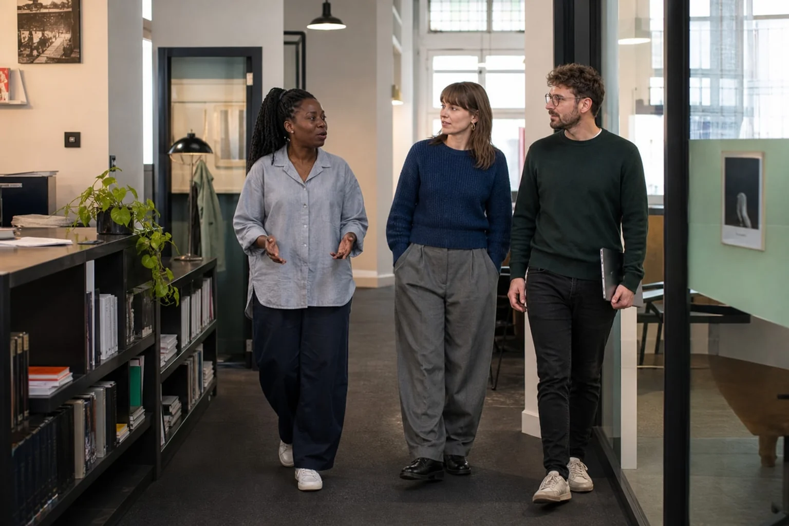 A team walking through a workshop with project folders