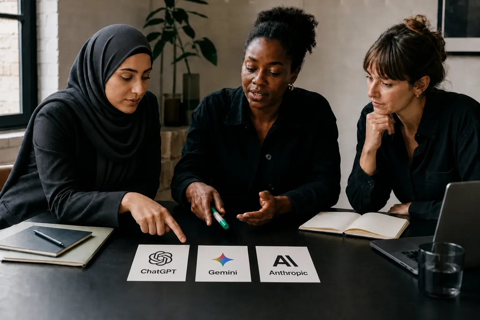 Three consultants comparing a business’s visibility in ChatGPT, Gemini and Anthropic