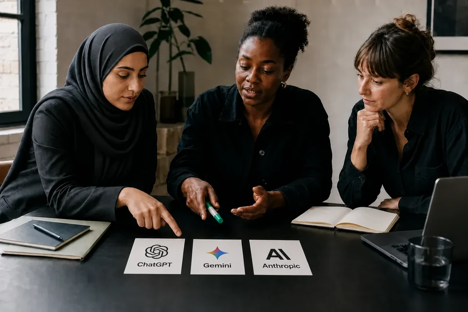 Three consultants comparing a business’s visibility in ChatGPT, Gemini and Anthropic