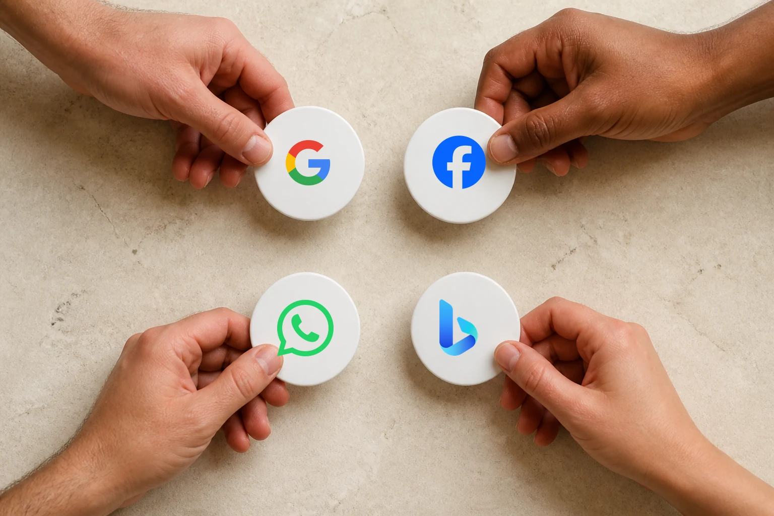 Four hands bringing the Google, Facebook, WhatsApp and Bing logos toward a business