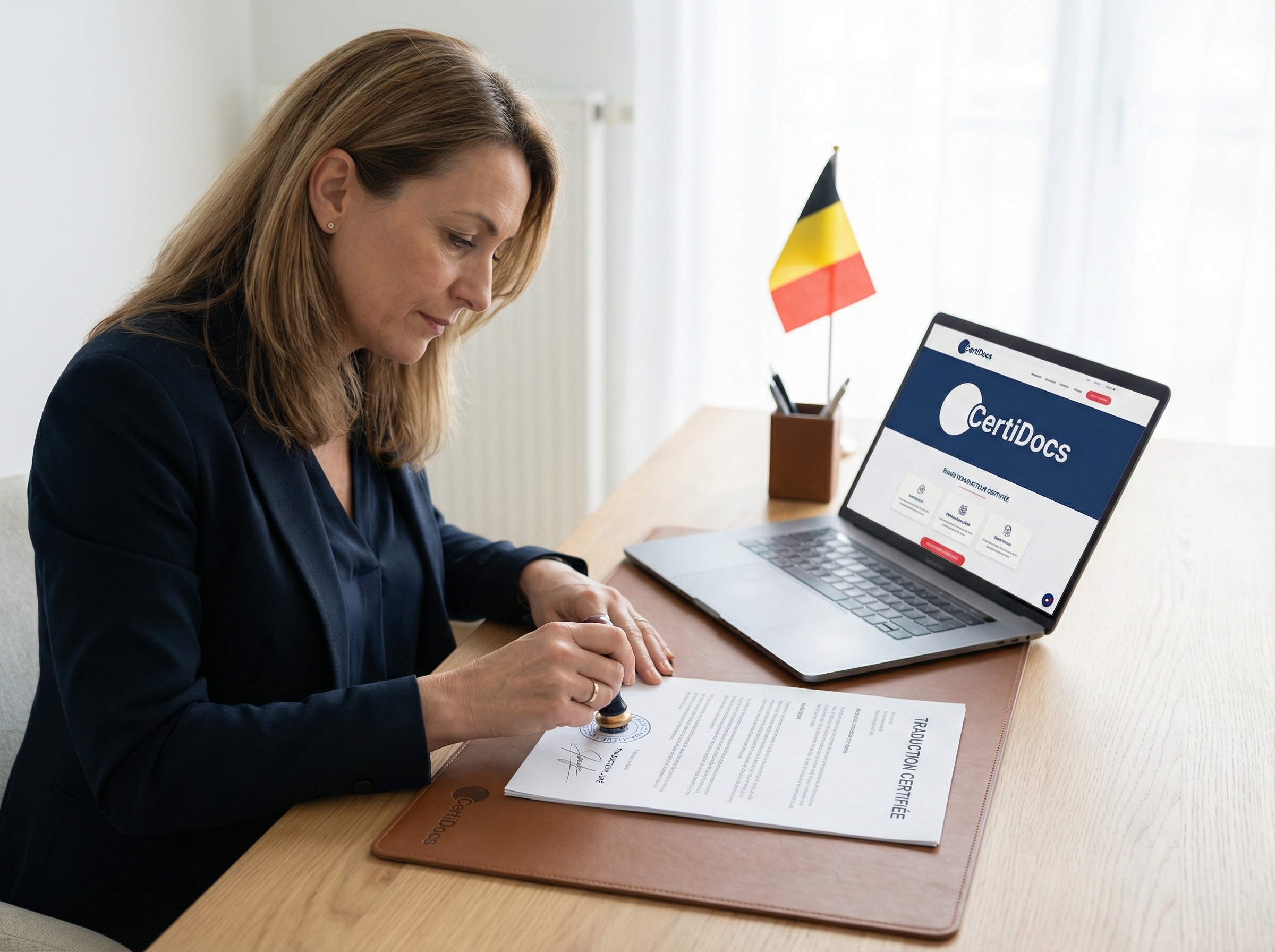 Traductrice jurée CertiDocs certifiant un document officiel en Belgique. Processus de traduction assermentée