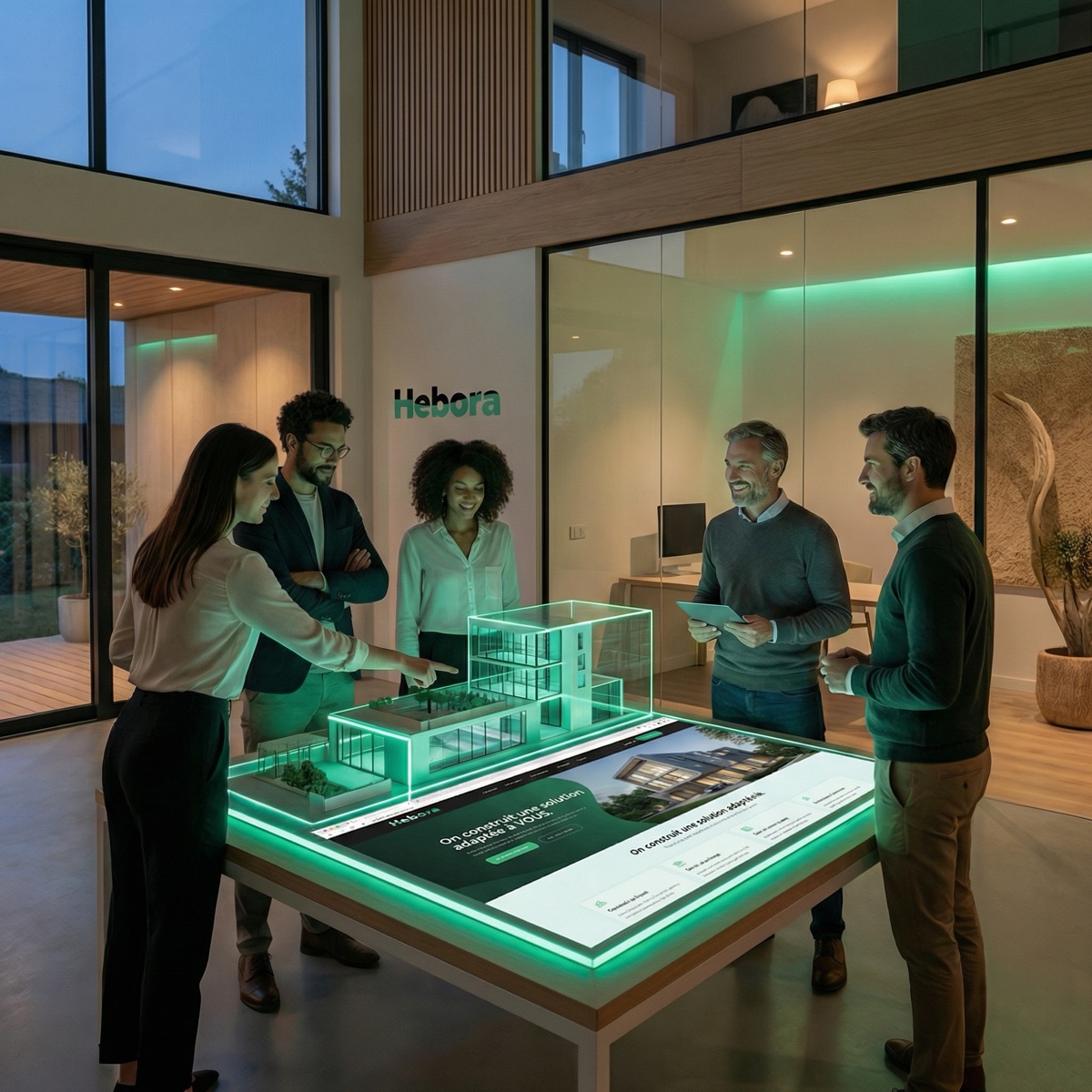 Équipe Hebora autour d'une maquette de projet digital à Bruxelles