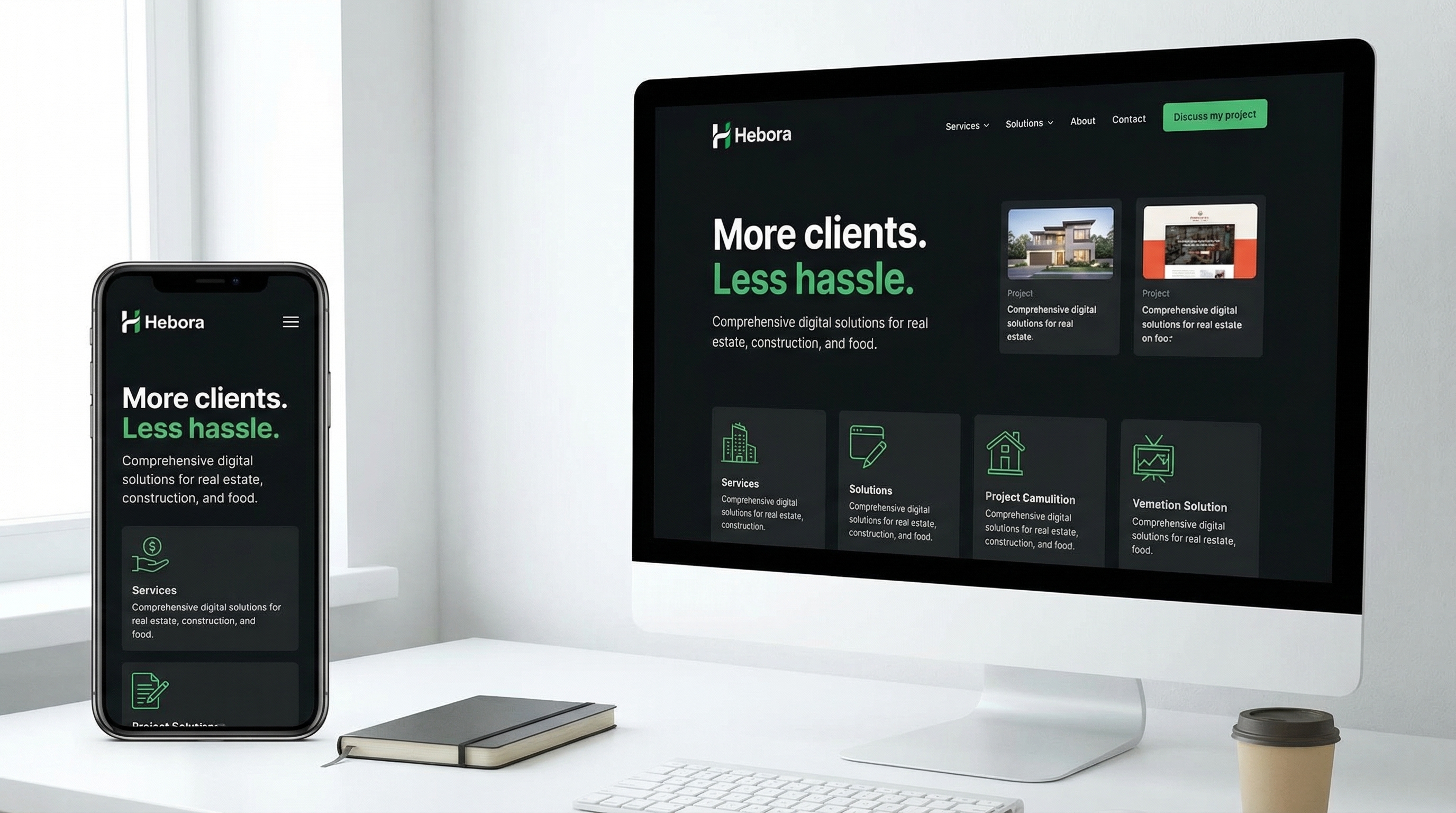 Aperçu responsive d'un site web créé par Hebora. Design adapté mobile, tablette et desktop