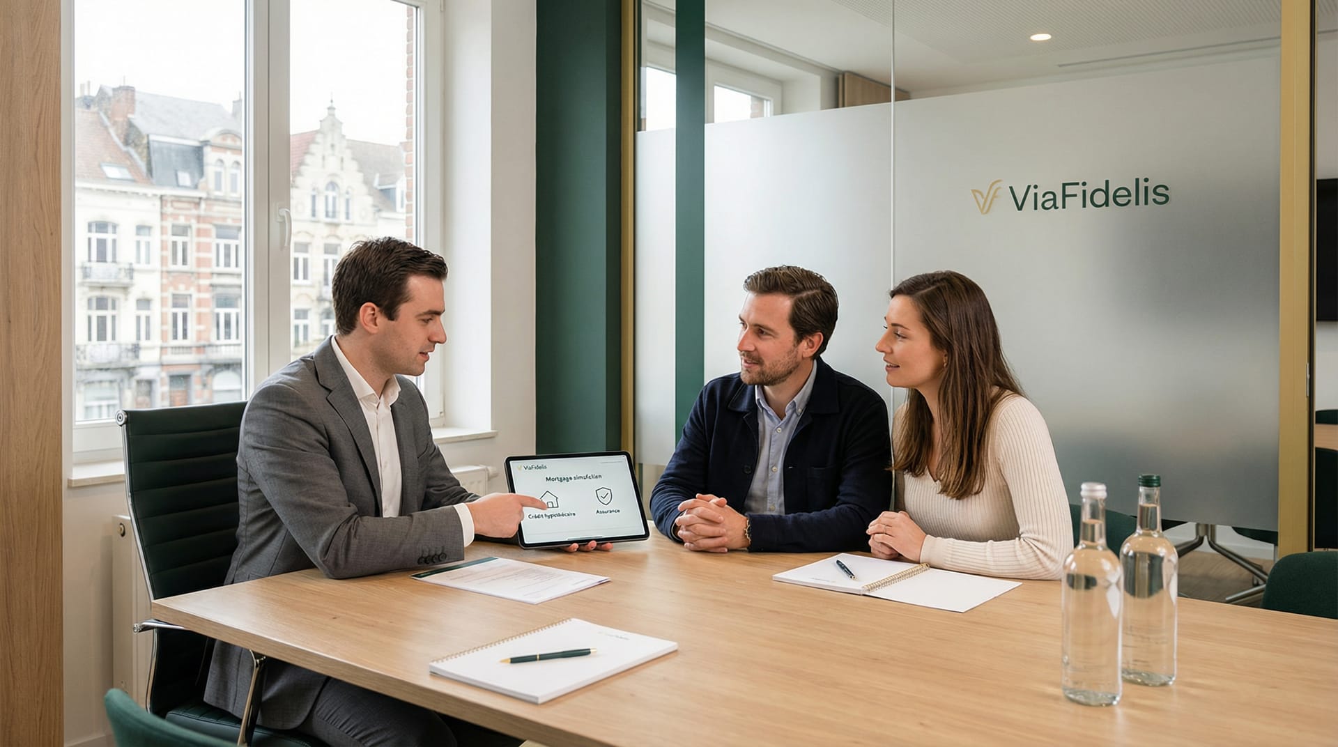 Réunion client au bureau ViaFidelis. Courtier présentant le simulateur hypothécaire sur tablette